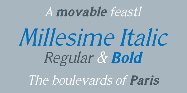 Card displaying Millesime typeface in various styles