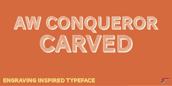 Card displaying AW Conqueror Carved typeface in various styles