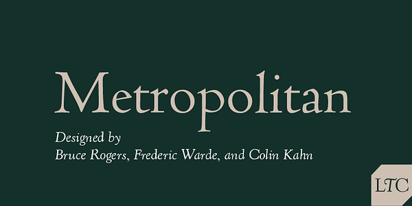 Card displaying LTC Metropolitan Pro typeface in various styles