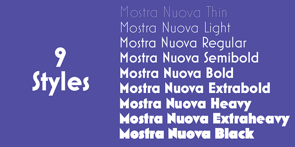 Card displaying Mostra Nuova typeface in various styles