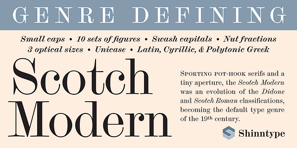 Card displaying Scotch Modern typeface in various styles