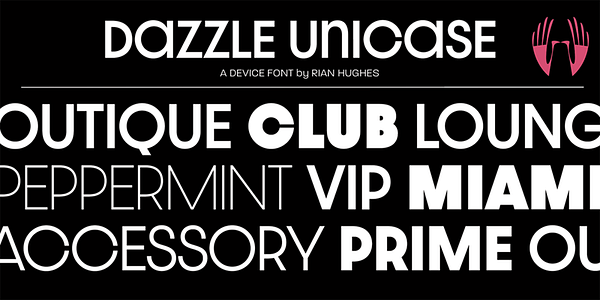 Card displaying Dazzle Unicase typeface in various styles