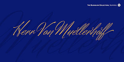 Card displaying Bluemlein Script Collection typeface in various styles