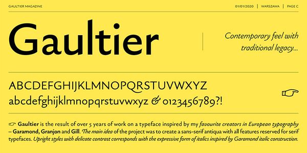 Card displaying Gaultier typeface in various styles