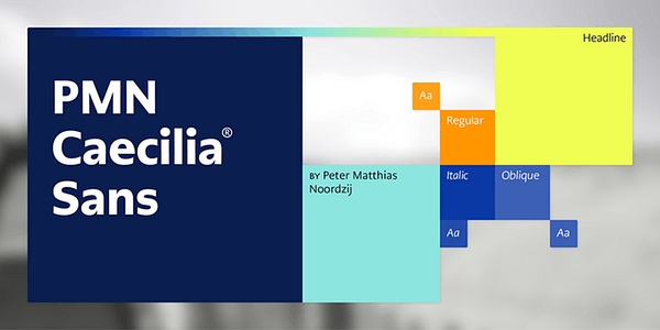 Card displaying PMN Caecilia Sans typeface in various styles