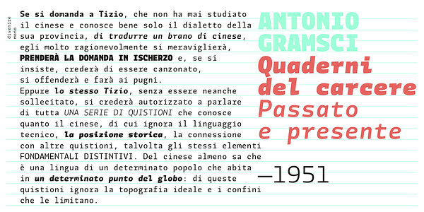 Card displaying Divenire Mono typeface in various styles