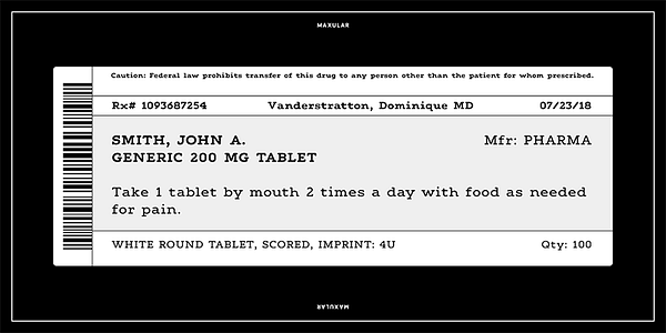 Card displaying Maxular typeface in various styles