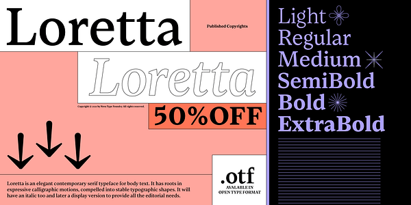 Card displaying Loretta typeface in various styles