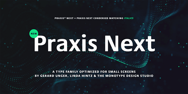 Card displaying Praxis Next typeface in various styles