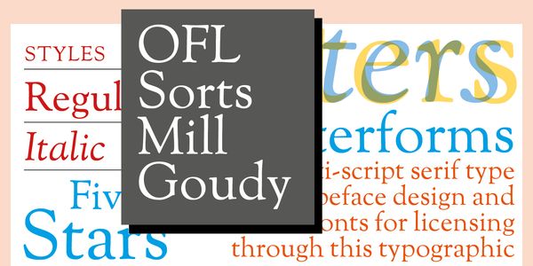 Card displaying OFL Sorts Mill Goudy typeface in various styles