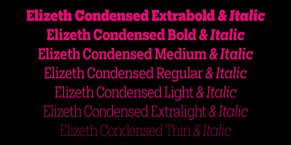 Card displaying Elizeth Condensed typeface in various styles