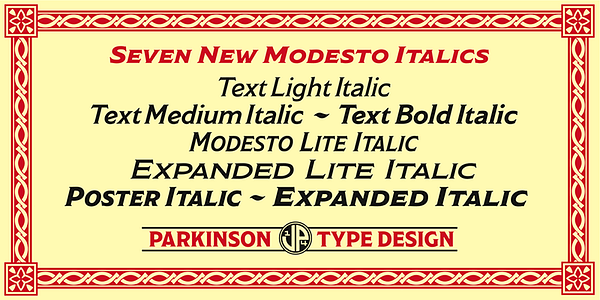 Card displaying Modesto typeface in various styles