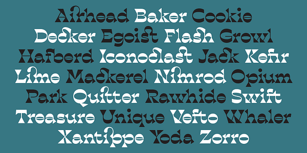 Card displaying Blackest typeface in various styles