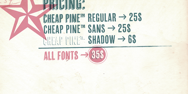 Card displaying Cheap Pine typeface in various styles