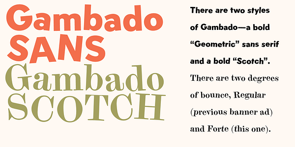 Card displaying Gambado typeface in various styles