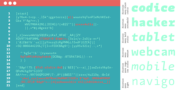 Card displaying Divenire Mono typeface in various styles