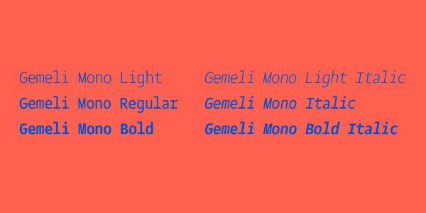Card displaying Gemeli Mono typeface in various styles