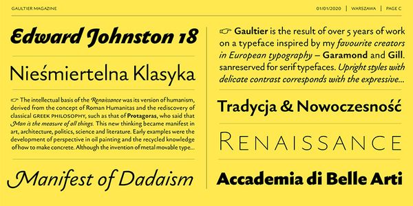 Card displaying Gaultier typeface in various styles