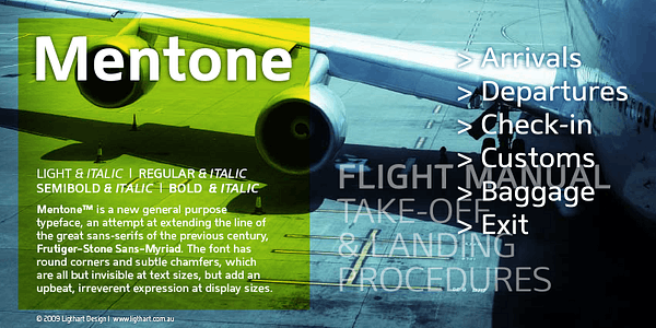 Card displaying Mentone typeface in various styles