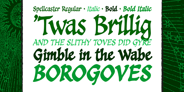 Card displaying CC Spellcaster typeface in various styles