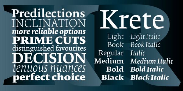 Card displaying Krete typeface in various styles