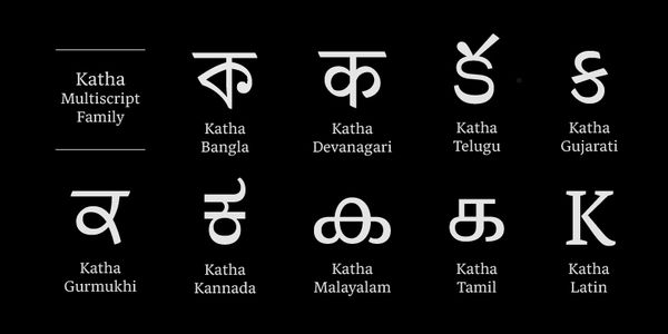 Card displaying Katha Latin typeface in various styles