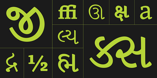 Card displaying Skolar Gujarati typeface in various styles