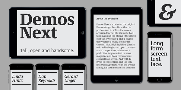Card displaying Demos Next typeface in various styles