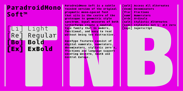 Card displaying Paradroid Mono Soft typeface in various styles