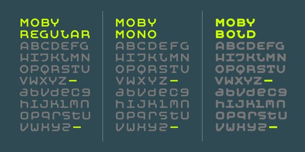 Card displaying Moby typeface in various styles