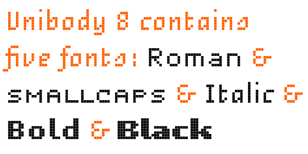 Card displaying Unibody 8 typeface in various styles