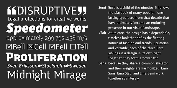 Card displaying Enra Semi Variable typeface in various styles