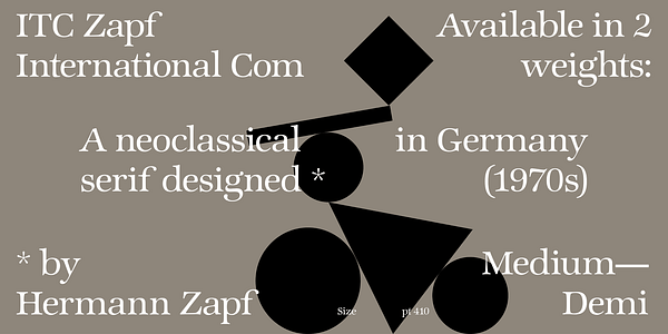 Card displaying ITC Zapf International typeface in various styles