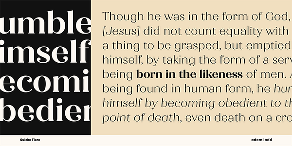 Card displaying Quiche Flare typeface in various styles