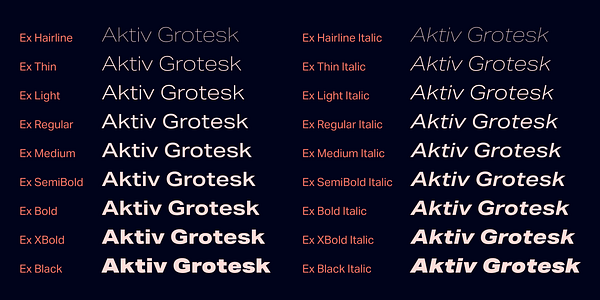 Card displaying Aktiv Grotesk Extended typeface in various styles