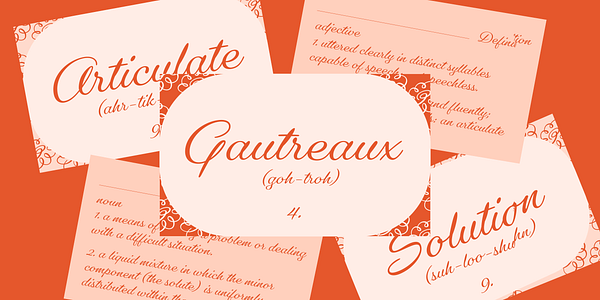 Card displaying Gautreaux typeface in various styles