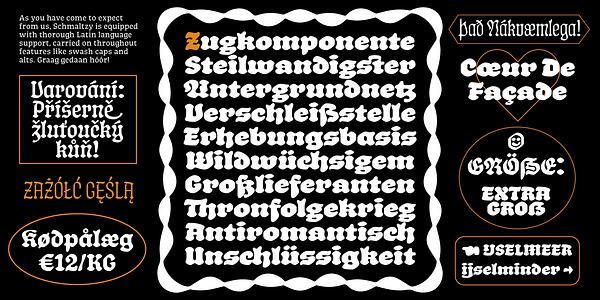 Card displaying Schmaltzy typeface in various styles