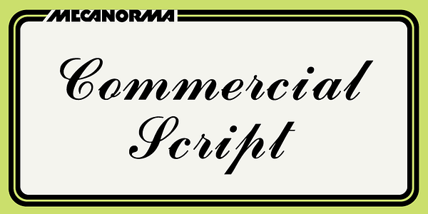 Card displaying Commercial Script MN typeface in various styles