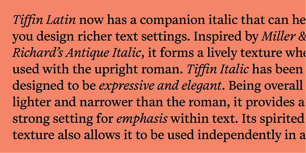 Card displaying Tiffin Latin Variable typeface in various styles