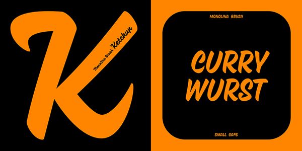 Card displaying PD Monolina Brush typeface in various styles