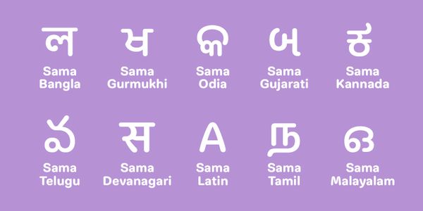 Card displaying Sama Latin typeface in various styles