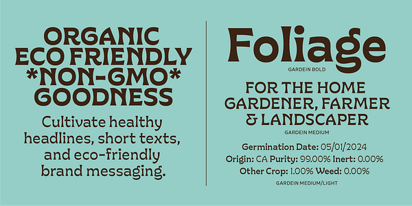 Card displaying Gardein typeface in various styles