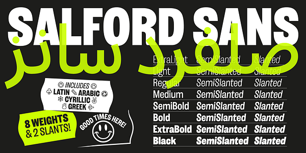 Card displaying Salford Sans Arabic Variable typeface in various styles