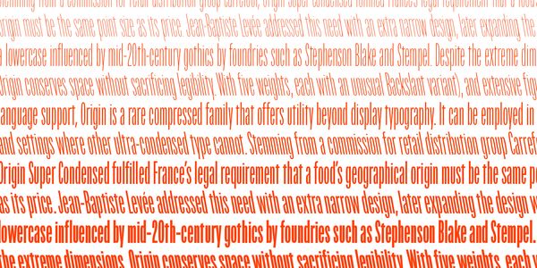 Card displaying Origin Super Condensed typeface in various styles