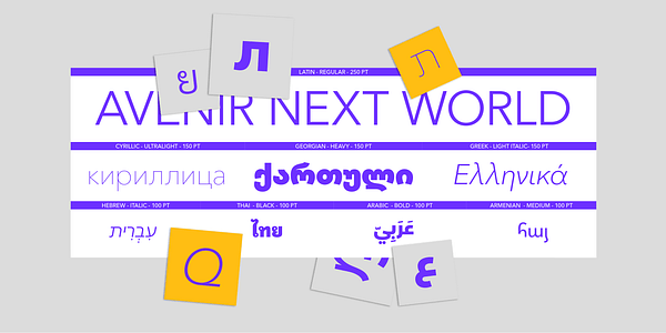 Card displaying Avenir Next World typeface in various styles