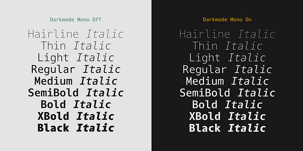 Card displaying Darkmode Mono typeface in various styles