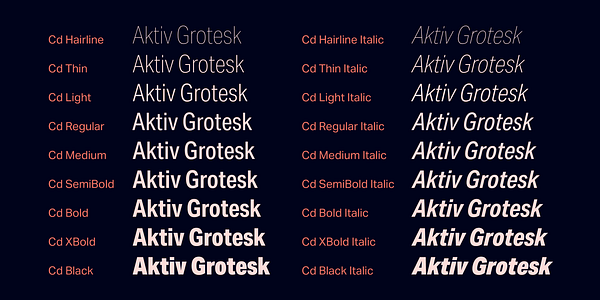 Card displaying Aktiv Grotesk Condensed typeface in various styles