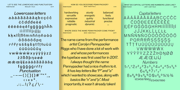 Card displaying Pennypacker typeface in various styles