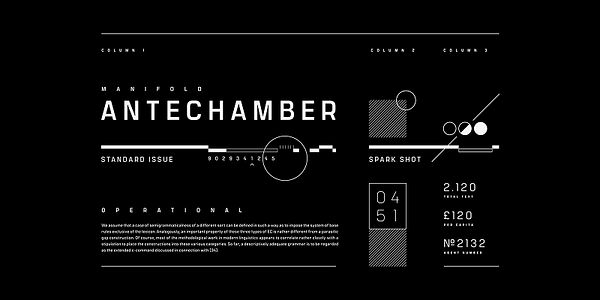 Card displaying Manifold Extended CF typeface in various styles