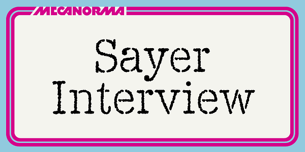 Card displaying Sayer Interview MN typeface in various styles